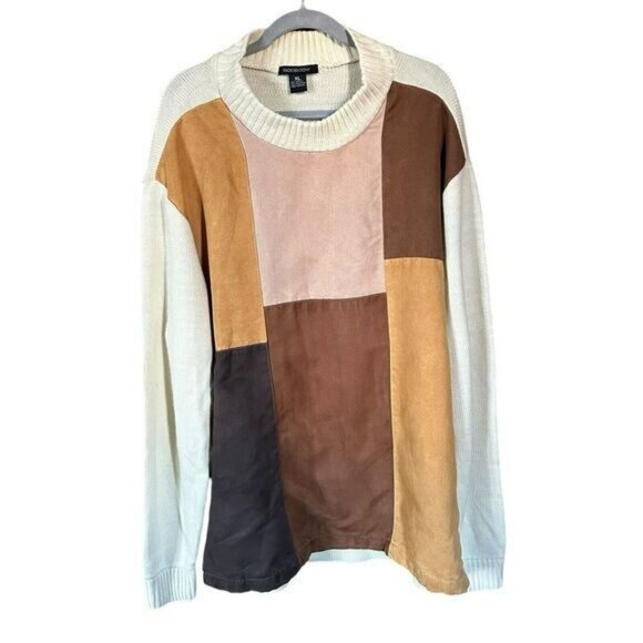 Godbody Sweater Mens X-Large Suede Patchwork Knit Baggy Pullover Y2K Street Wear - Picture 2 of 8